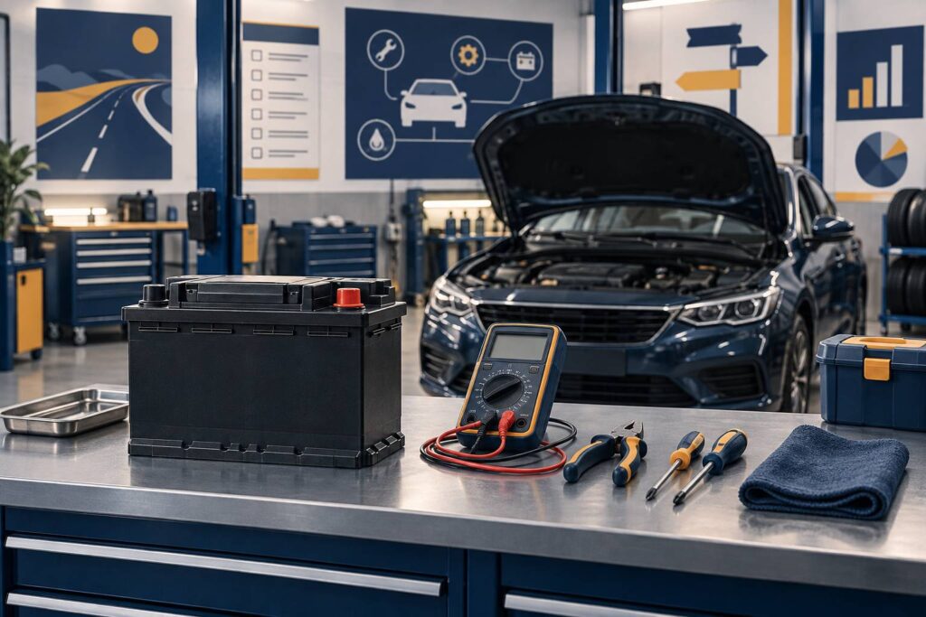 Batterie de voiture et multimetre de diagnostic sur un etabli d'atelier