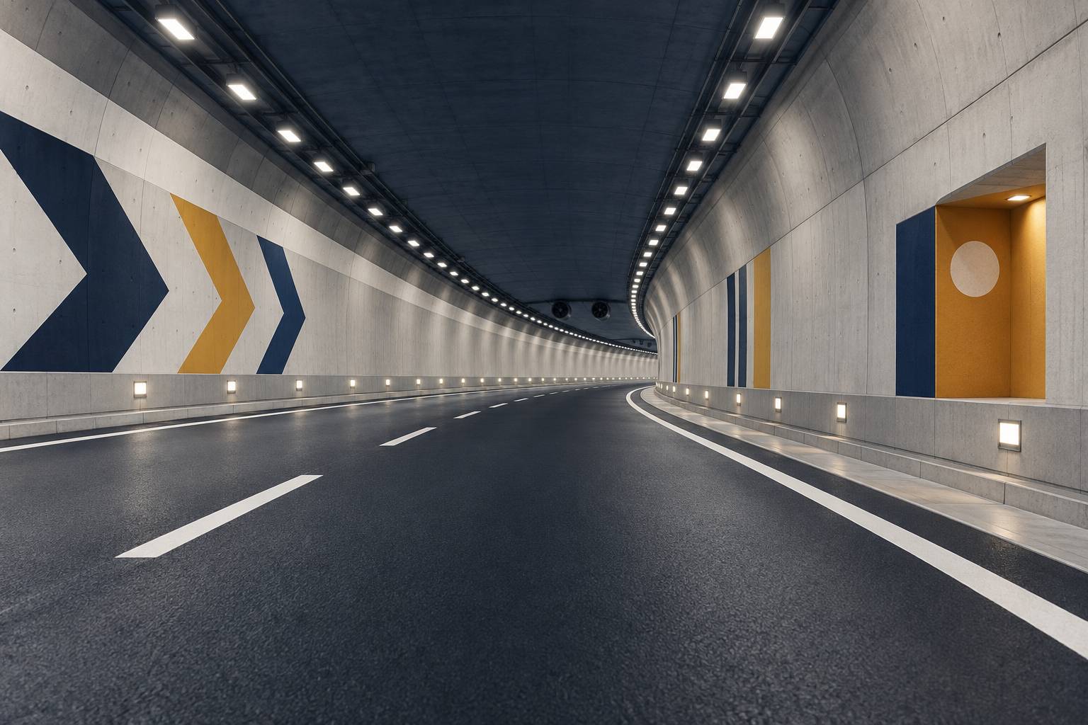 Détail de l'intérieur d'un tunnel routier éclairé par des luminaires