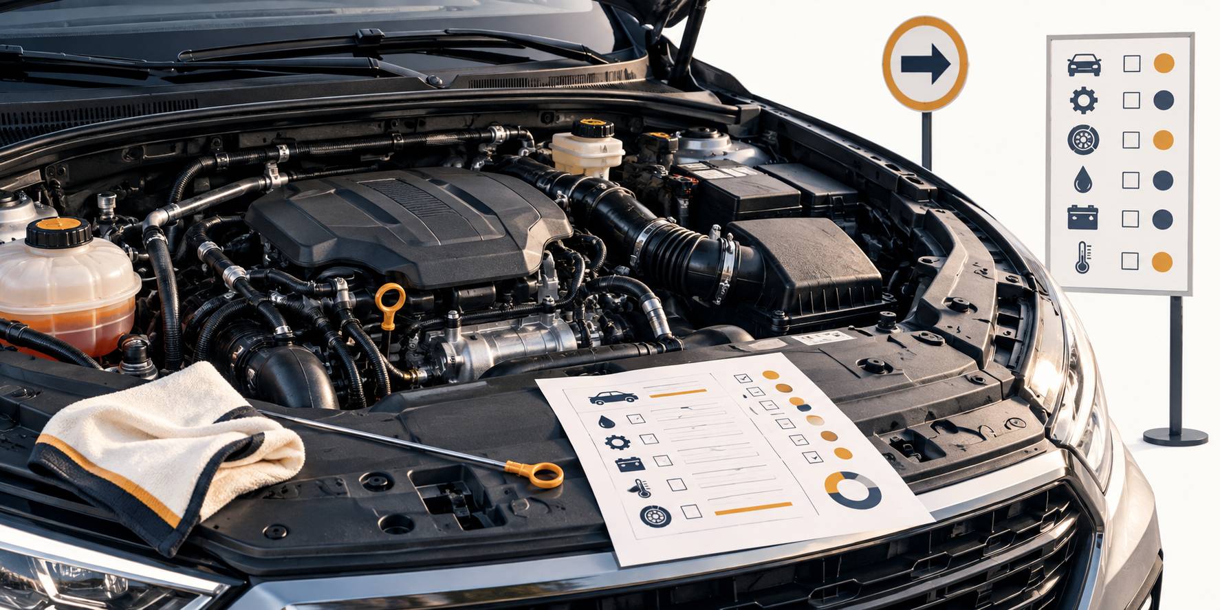 Détail du compartiment moteur d'un SUV avec jauge et barème