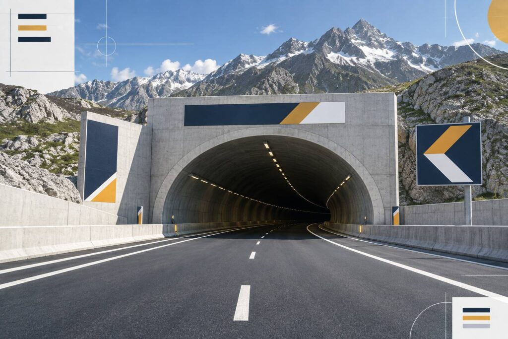 Entrée d'un tunnel routier alpin avec chaussée et signalétique abstraite