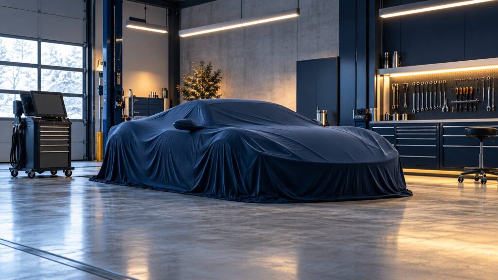 Voiture de sport basse sous housse dans un atelier automobile lumineux