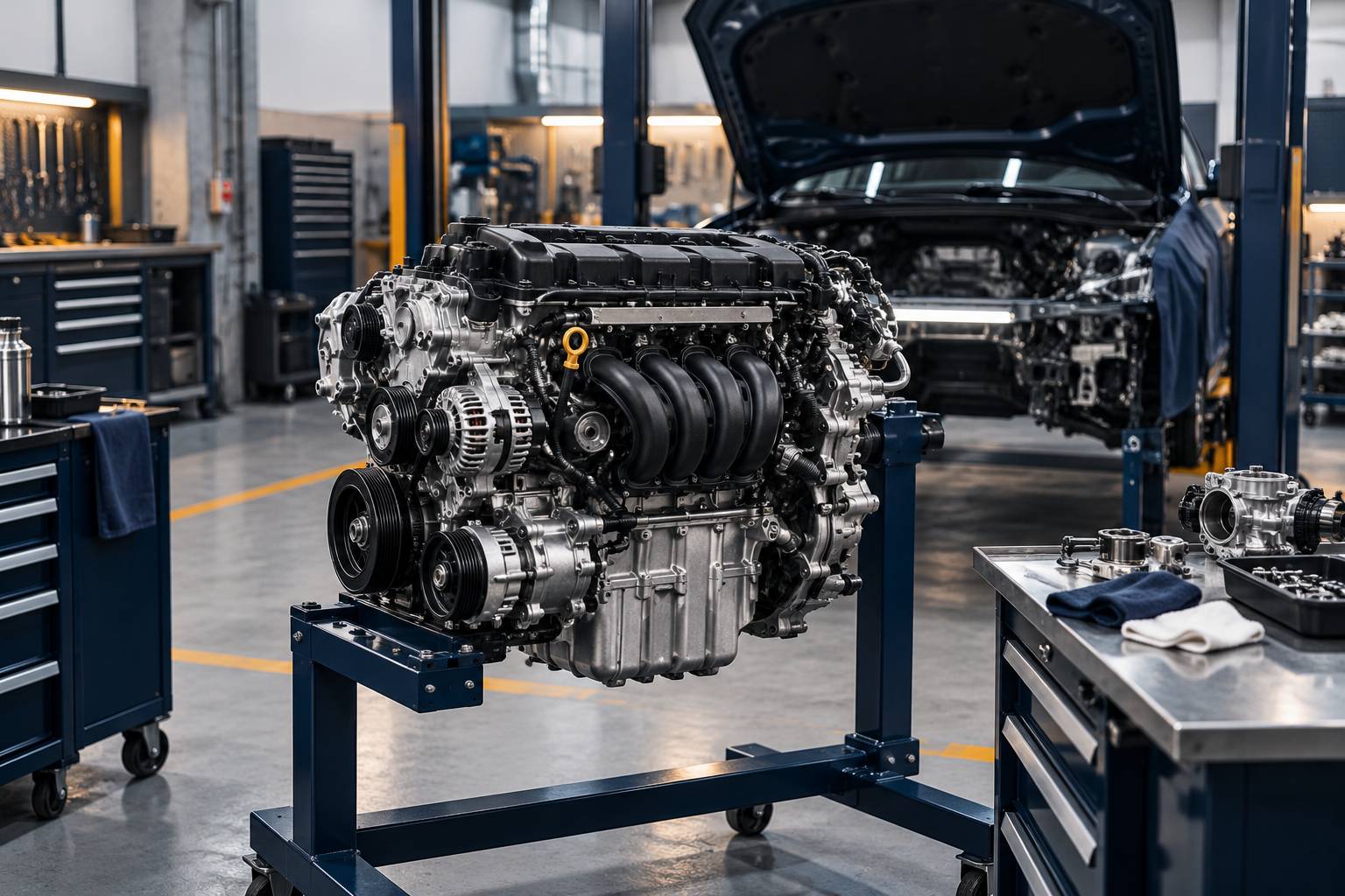 Moteur generique sur support d'atelier, capot ouvert