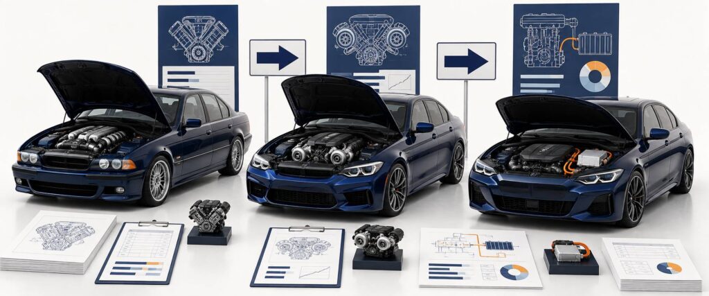 Illustration éditoriale du sujet : Mercedes C63 AMG : du V8 atmosphérique au 4 cylindres hybride