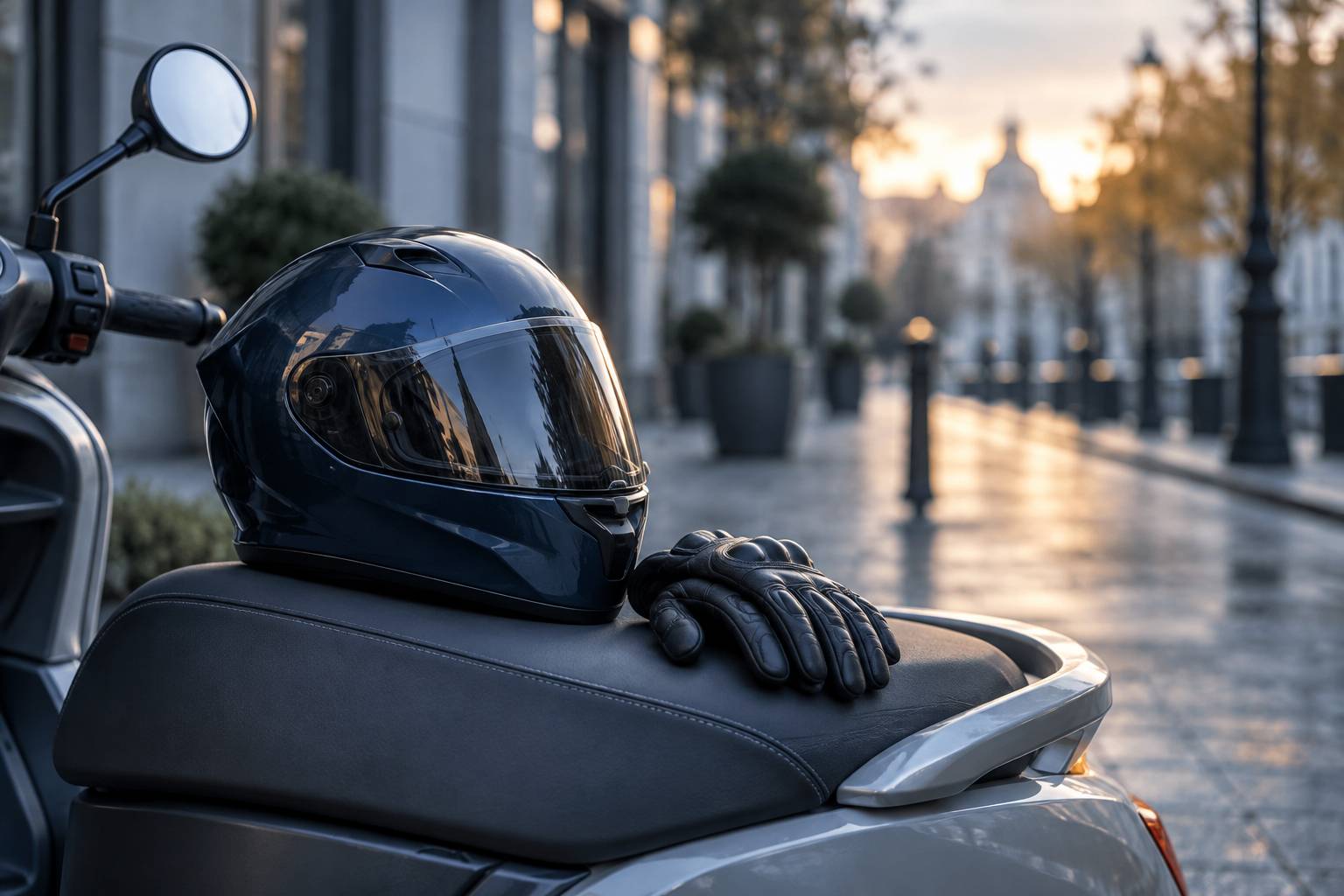 Casque de moto pose sur une selle de scooter avec gants