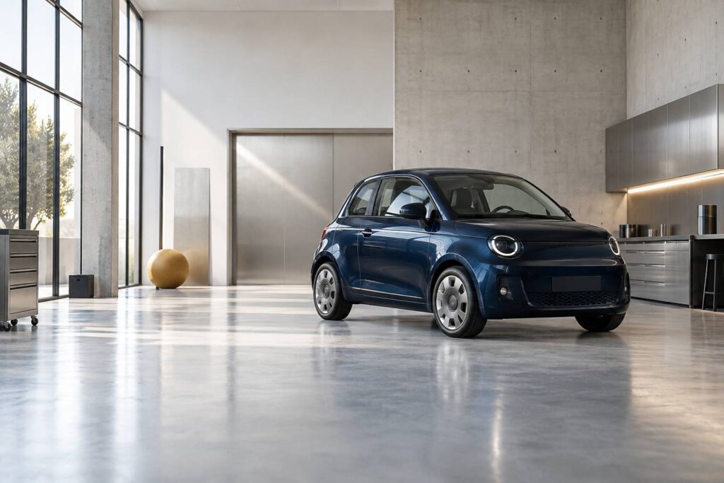 Petite voiture compacte générique sans badge dans un atelier clair