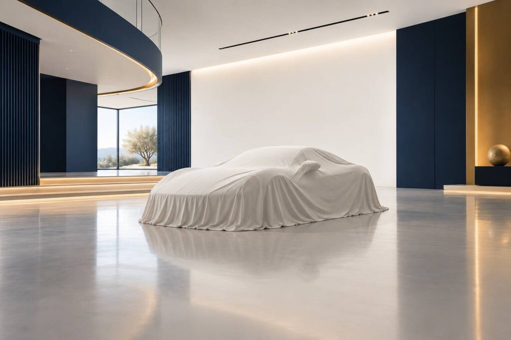Voiture de sport generique sous housse dans un showroom automobile sobre