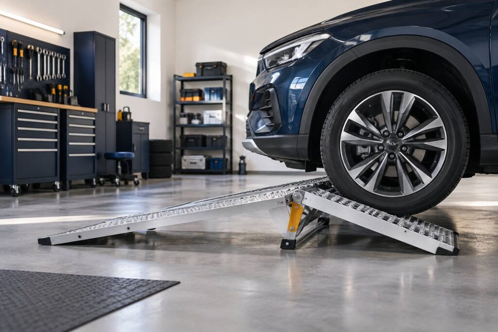 Rampe métallique pliante sous une roue de véhicule dans un garage
