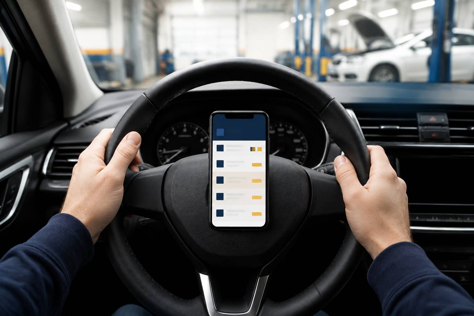 Mains tenant un volant avec un smartphone affichant un menu générique