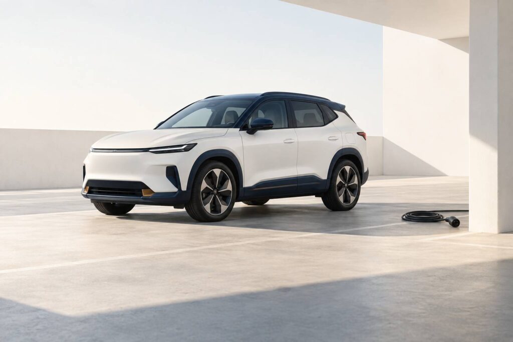 SUV compact electrique sobre sans sigle sur un parking neutre