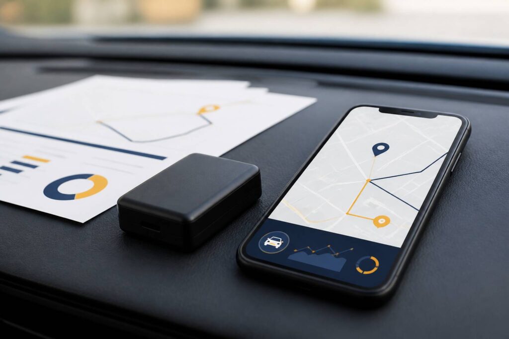 Boîtier traceur GPS posé sur le tableau de bord d'une voiture