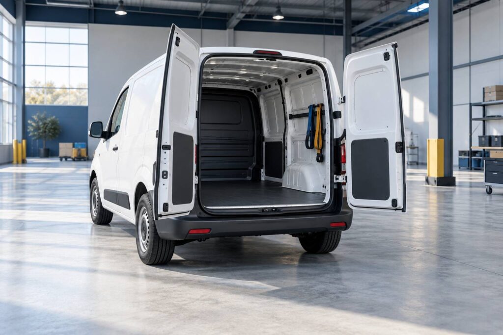Utilitaire compact generique a portes arriere ouvertes dans un entrepot clair