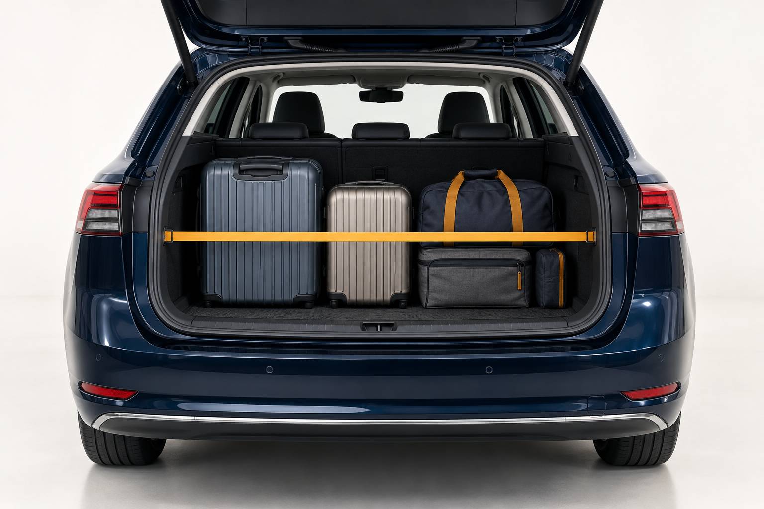Mesure du volume de coffre au mètre ruban avec valises rangées