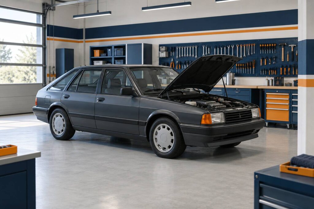 Grande berline ancienne anguleuse dans un garage lumineux sans marquage