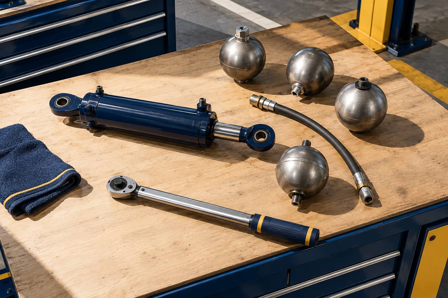 Verin hydraulique et pieces de suspension sur un etabli d'atelier