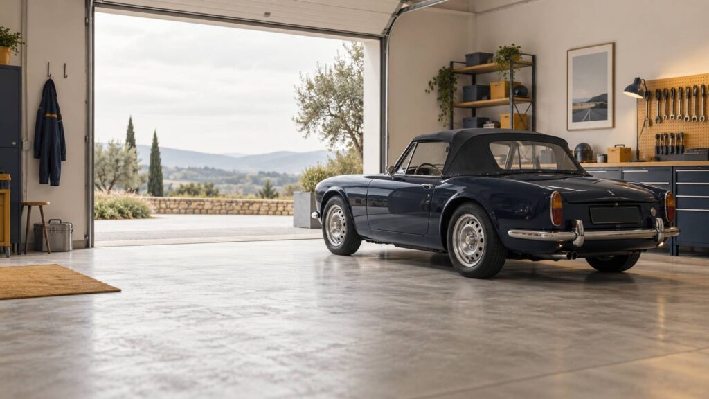 Petit cabriolet sportif de collection generique dans un garage prive