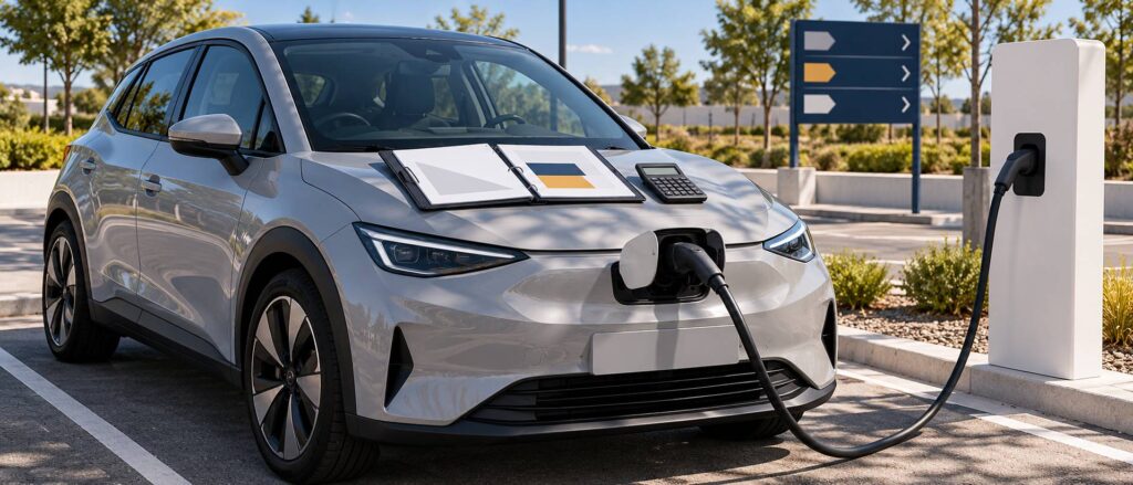 Citadine électrique compacte grise en recharge avec câble et carnet de relevés sur le capot