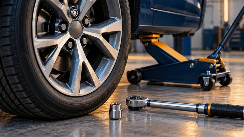 Écrou antivol de roue et sa douille-clé spécifique posés près d'une clé dynamométrique