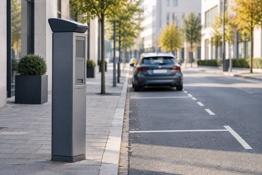 Horodateur générique sur un trottoir urbain