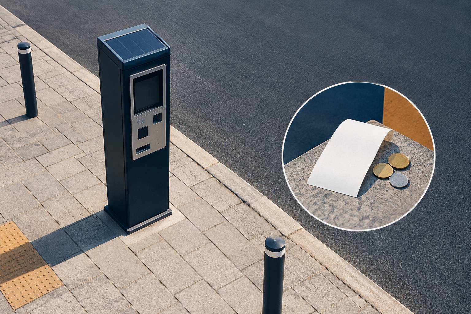 Borne de paiement, ticket vierge et pièces sur un trottoir