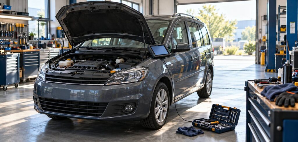 Monospace compact capot ouvert dans un atelier automobile clair, moteur visible et tablette de diagnostic