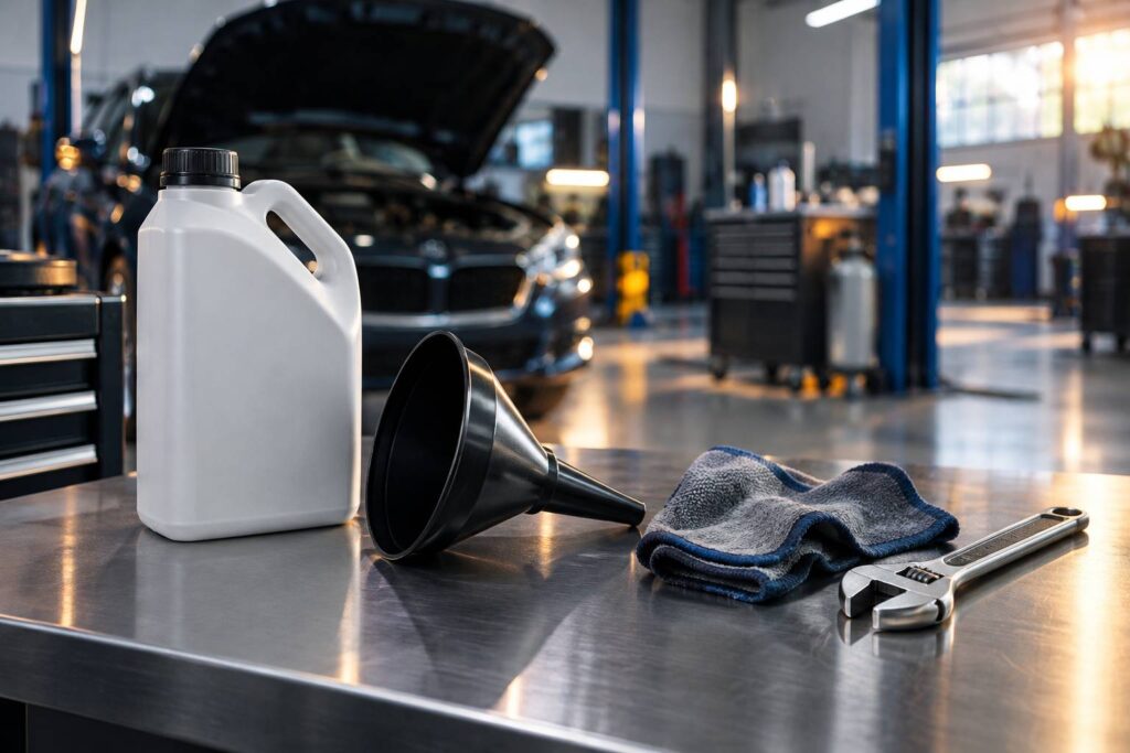 Flacon de produit neutre sur un etabli d'atelier automobile
