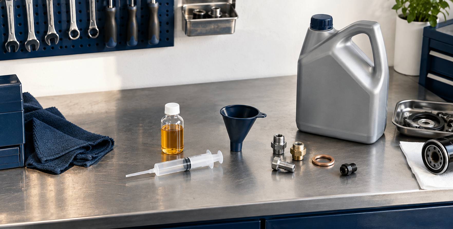 Flacon uni, seringue de dosage et pieces mecaniques sur un etabli