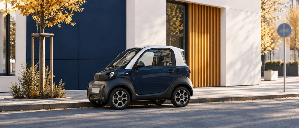 Petite voiture sans permis stationnée le long d'un trottoir