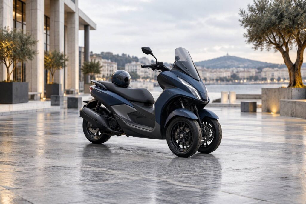 Scooter a trois roues generique stationne sur une place urbaine calme