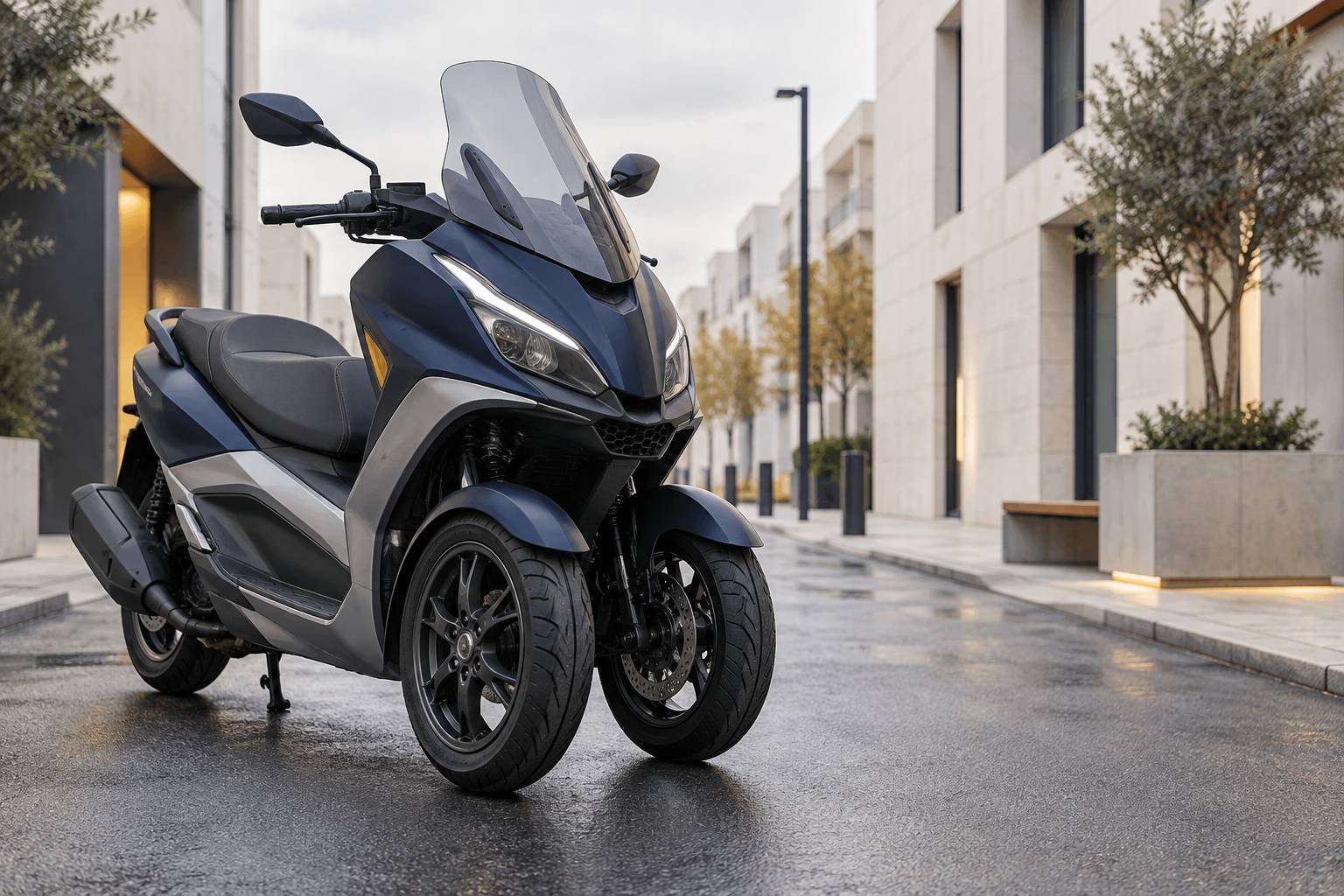 Detail du double train avant d'un scooter a trois roues generique