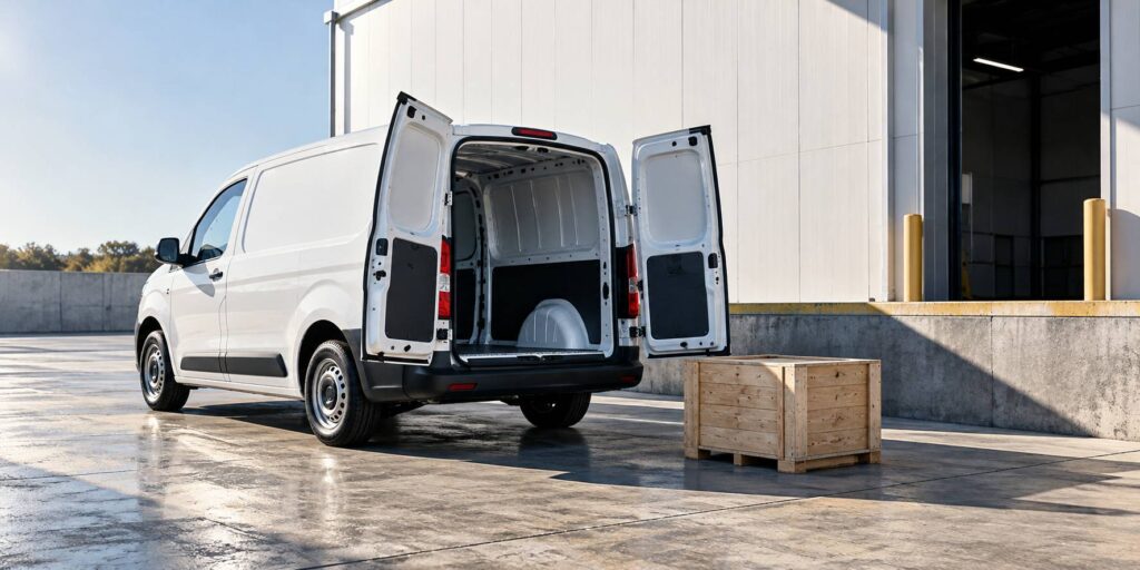 Petit utilitaire blanc portes arriere ouvertes sur un volume de chargement vide
