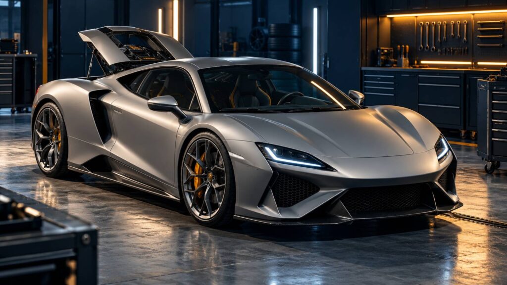 Voiture sportive italienne grise dans un garage, capot arrière entrouvert
